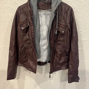 Jou Jou Women's Brown Leather Jacket with Gray Hoodie